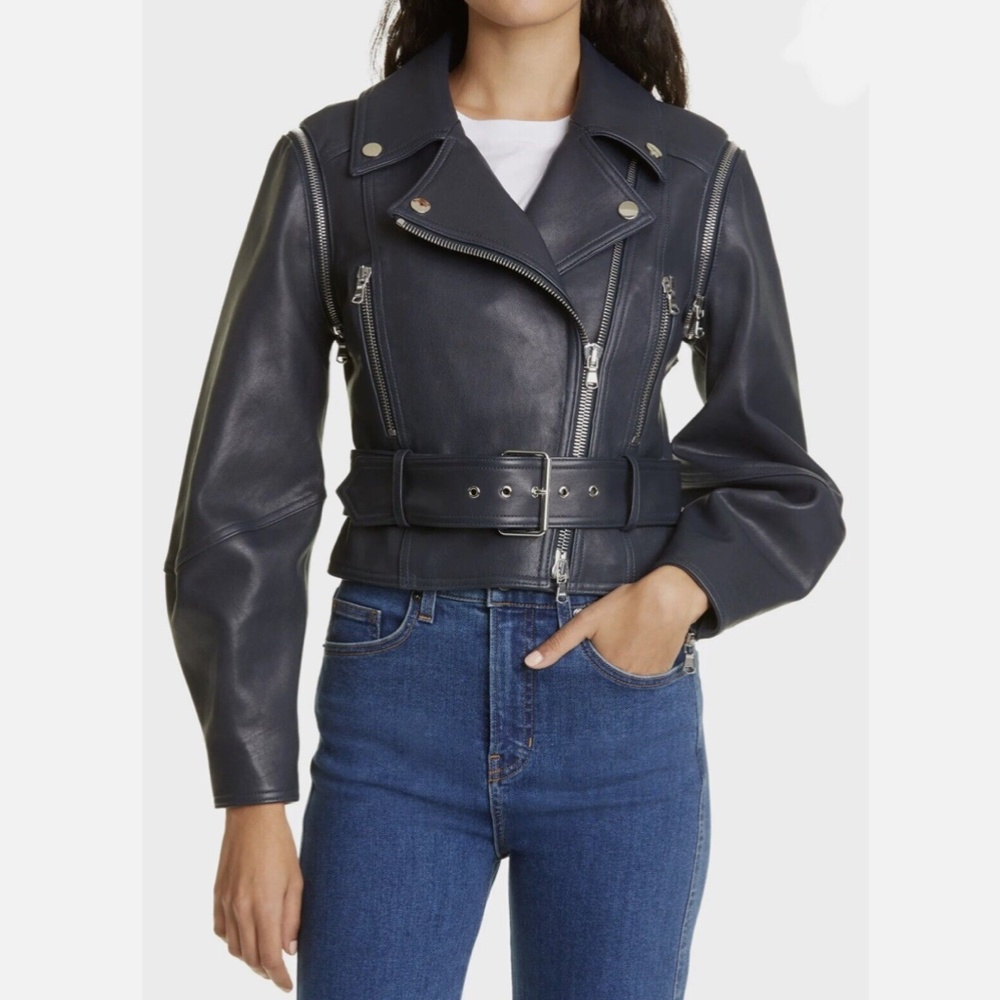 Veronica Beard (NWT $1,598 USD) Jylan Navy Blue Leather Moto Jacket Sz 0